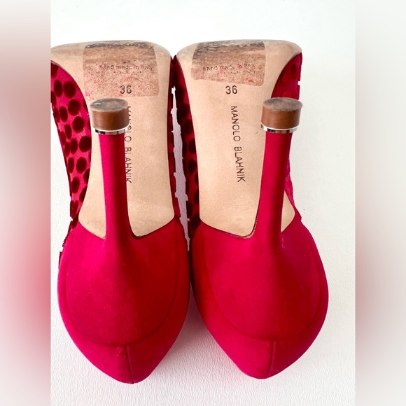 MANOLO BLAHNIK || Red Silk Polka Dot Hangisi Jewel Buckle Embellished Pumps 36 - Picture 15 of 15